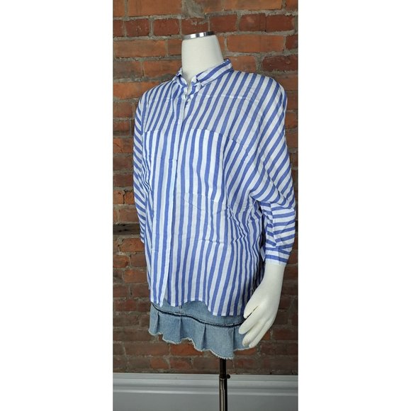 Zara Basics Button Down Blouse Blue White Stripes Oversized Tunic Size L - Picture 1 of 6
